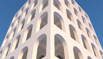 3 d渲染。拱廊几何背景，建筑廊道，拱柱，空墙。古宅旗为旅游介绍