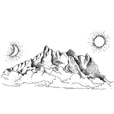 手绘矢量景观与雾和山。草图。向量eps 8
