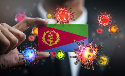 厄立特里亚旗周围的Corona病毒。概念:国家大流行暴发