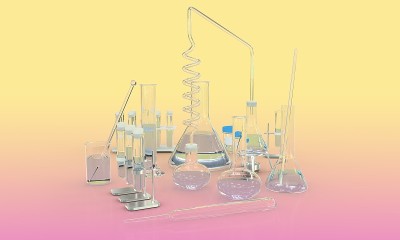 物体的三维插图。实验室试管与各种医疗玻璃器皿与水隔离在黄色-粉红色梯度背景。大学概念背景