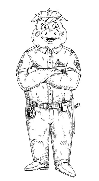 交叉爪子的猪穿着警服。老式黑白孵化