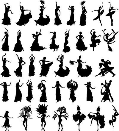 Big set of silhouettes of dancers on white backgro