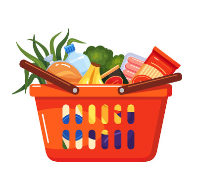 食品篮子矢量平面插图。带把手的塑料超市手推车
