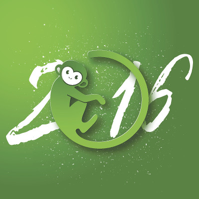 可爱的新年明信片，以绿色背景为猴子的象征