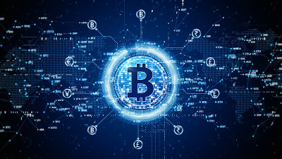 比特币区块链加密货币数字加密，数字货币交换，技术全球网络连接抽象背景概念。三维渲染