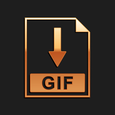 金色的GIF文件文档图标。下载GIF按钮图标孤立的黑色背景。长长的阴影风格。向量