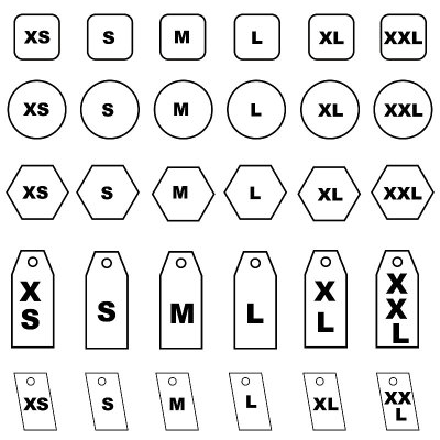 服装尺寸图标集，文字尺寸标准服装尺寸从大到小，矢量模板标签