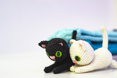 在白色的背景上织了一只黑白相间的小猫。手编织的玩具。Amigurumi。模糊的背景