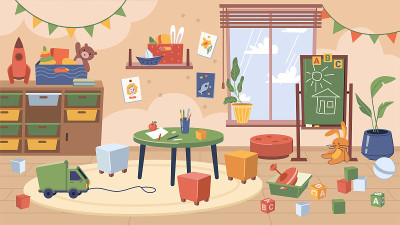 幼儿园教室的家具和玩具，当代儿童房的室内设计。有画的黑板，汽车卡车和娃娃，橱柜和地毯玩。向量的卡通风