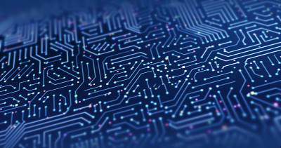 高科技电子电路板。电子信号流动。3D插图渲染