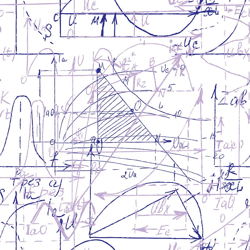 数学和几何无缝模式与手写和绘制各种图形解决方案。几何和数学学科图形。大学讲座。向量。