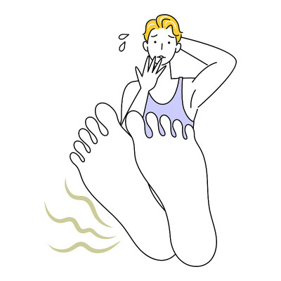 皮肤护理可爱的男人谁是惊讶和悲伤，他的脚闻到了插画的脚底向量皮肤护理。一个可爱的男人对自己脚上的气味