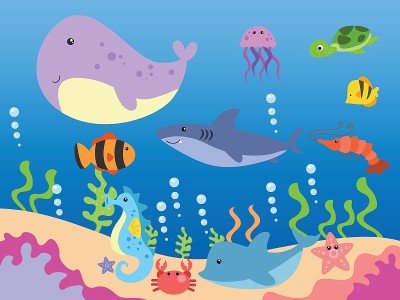 海洋动物卡通人物在蓝色的海洋