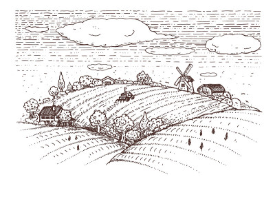 乡村景观田野和丘陵手绘插图。画素描。矢量插图。