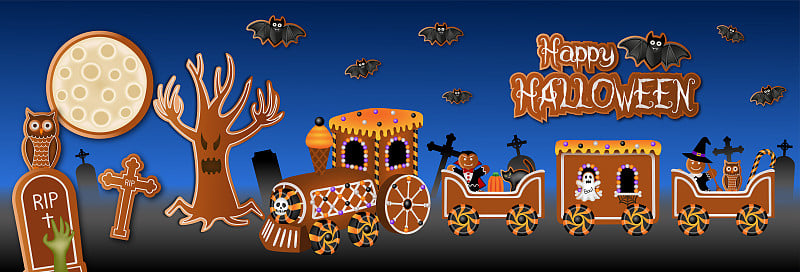 halloween banner with gingerbread train, candies a