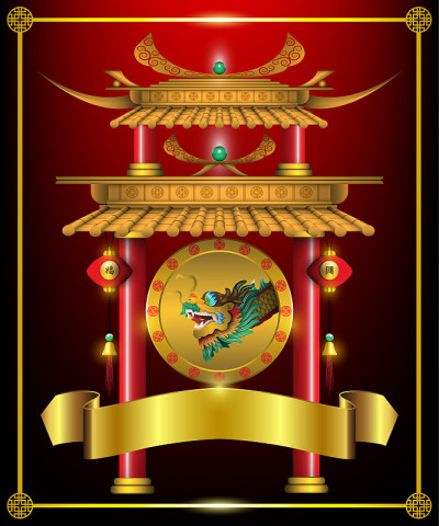 中国的拱门和大钱币都由一个龙的形象组成