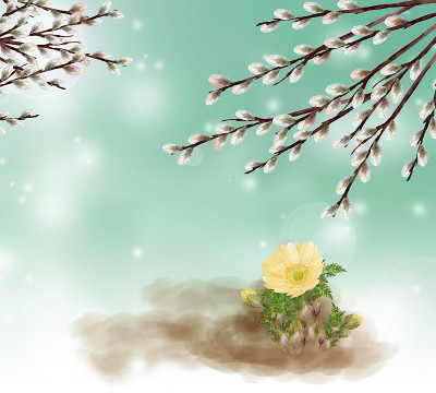 水彩猫咪柳树与雪