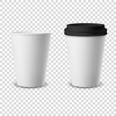 矢量3d现实一次性打开和关闭的盖子纸，塑料咖啡杯的饮料图标设置特写孤立在透明的背景。设计模板模型。前
