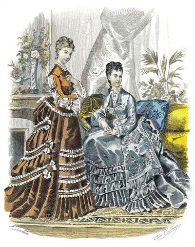 棕色罗缎连衣裙-塔夫绸连衣裙，深灰色。优雅时尚1874