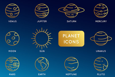 与太阳系行星相关的线性图标向量集。单线象形图和信息图设计元素