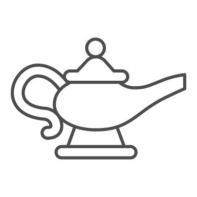 魔灯细线图标，童话概念，精灵灯标志在白色的背景，喷壶与油图标轮廓风格的移动概念和网页设计。矢量图形。