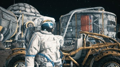 在太空月球基地，一名宇航员站在他的月球车旁边。月球表面和月球殖民地的观点。3 d渲染。