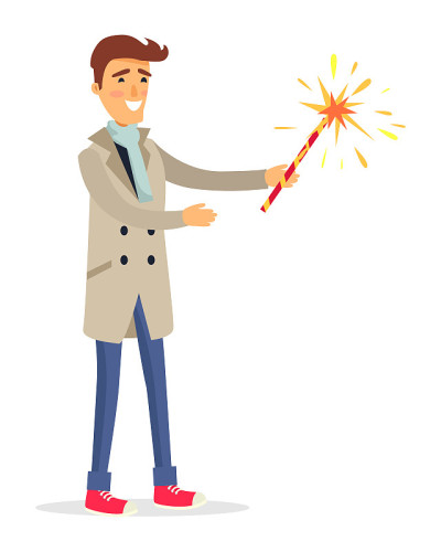 Isolated man in Beige Coat Holds Fireworks Device