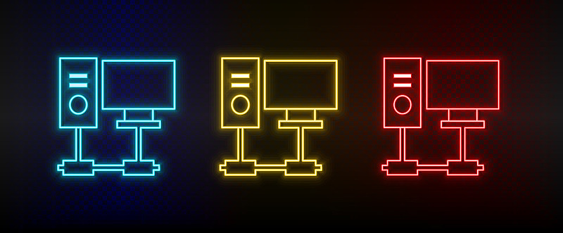 Neon icons. Database server computer. Set of red, 