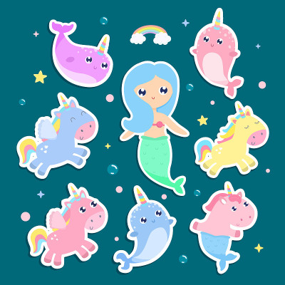 神奇的生物。独角鲸，独角兽美人鱼，海洋动物贴图矢量插图