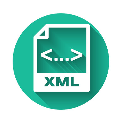 白色XML文件文档图标。下载xml按钮图标隔离与长阴影。XML文件的象征。绿色圆圈按钮。矢量图