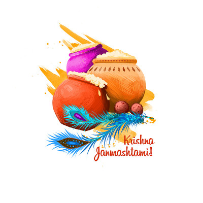 Krishna Janmashtami数字艺术插画。印度一年一度的印度教节日。奎师那诞辰节日贺卡，海