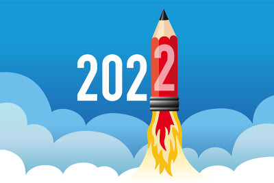 这是2022年贺卡的概念，上面有一支火箭形状的铅笔。