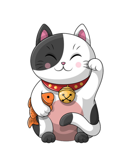 可爱的卡通小猫咪腋下夹着一条鱼