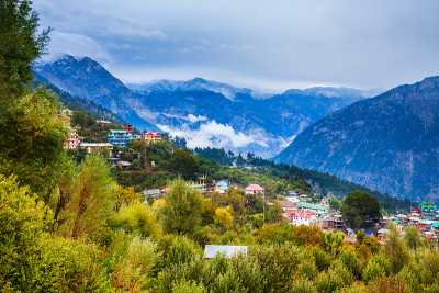 Kalpa town aerial panoramic view, India