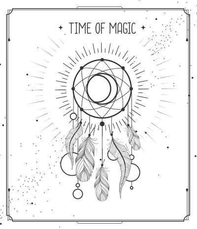 现代魔法魔法卡与捕梦网。矢量图