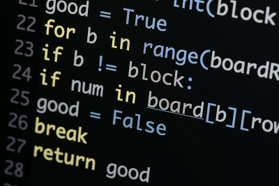 真正的Python代码开发屏幕。编程工作流抽象算法概念。放大后可见的Python代码行。