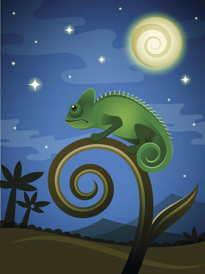 蜥蜴变色龙在夜晚与星星和月亮