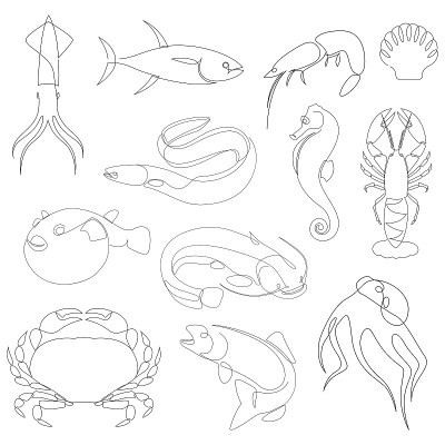 水下动物收集用一条线画。极简风格的海洋和海洋生物。