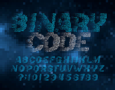 二进制代码字母字体。由1和0组成的数字字母和数字。