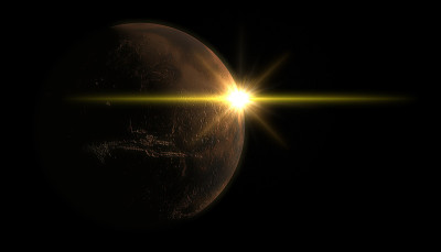 来自太阳的光线可以在太空中看到火星的侧面