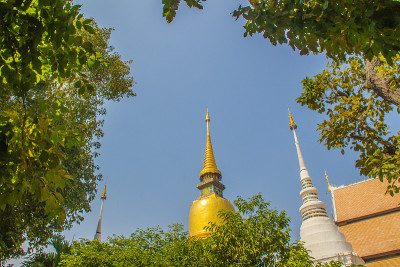 美丽的金色和白色宝塔斯里兰卡风格在Wat Suan Dok(花园寺庙)与蓝天背景。Wat Suan 