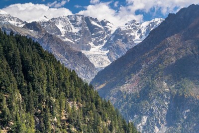 白雪覆盖的高山、高山草甸和当地的山区居民点