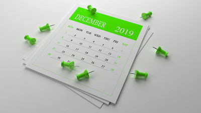 绿色十二月日历2019年白色背景与绿色大头针