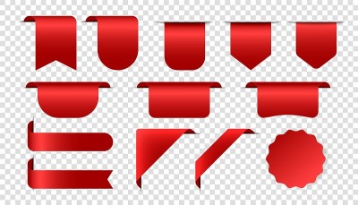 标签贴纸形状。新的或销售徽章。标签产品红角。矢量丝带和旗帜。豪华红色真丝逼真模板。