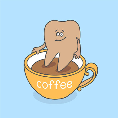 卡通牙齿和一杯咖啡。