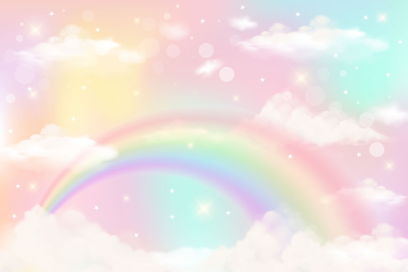 全息幻想彩虹独角兽背景与云。淡色的天空。神奇的风景，抽象的神话般的图案。可爱的糖果壁纸。向量。