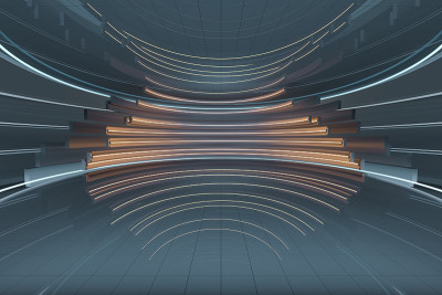 带有霓虹灯的圆形房间，3d渲染。