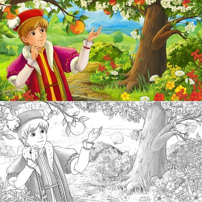 卡通场景与素描与快乐的小男孩，王子或农民在森林旅行期间的白天-插图