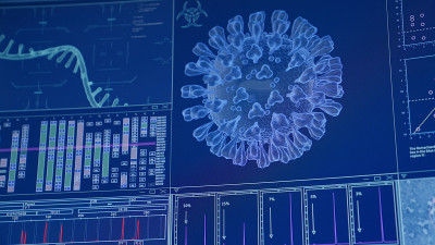 计算机屏幕上的冠状病毒模型。未来的实验室研究