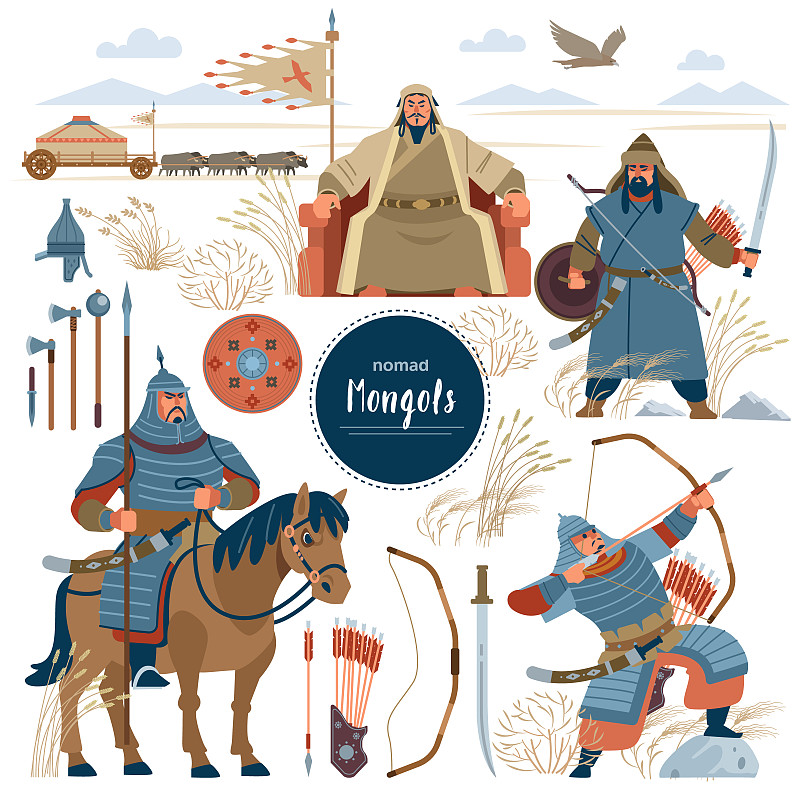 The Mongols. Set mongol nomad warriors flat charac